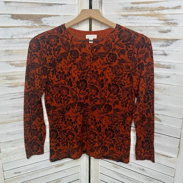 GARNET HILL Women's XS Signature Eco Merino Cardigan Botanical Forest Animals - Image 2