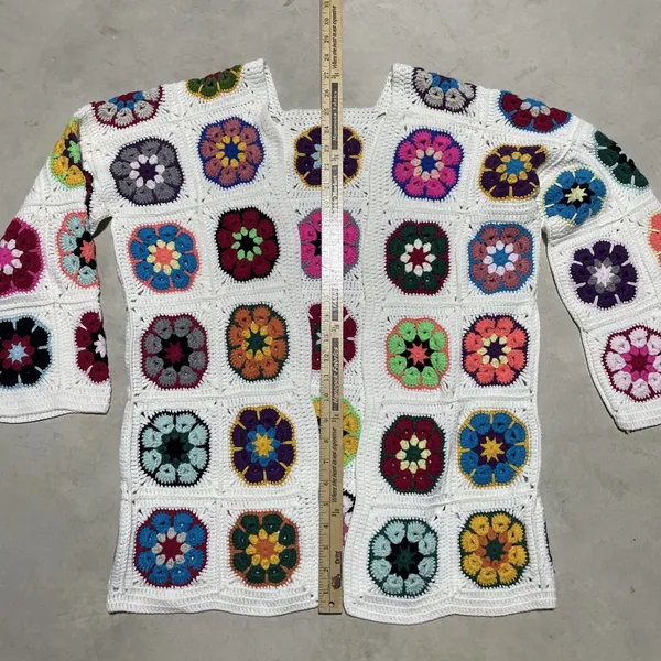 Granny Square Handmade Crochet Cardigan Woolen Knit Colorful Homemade SZ Medium - Image 3