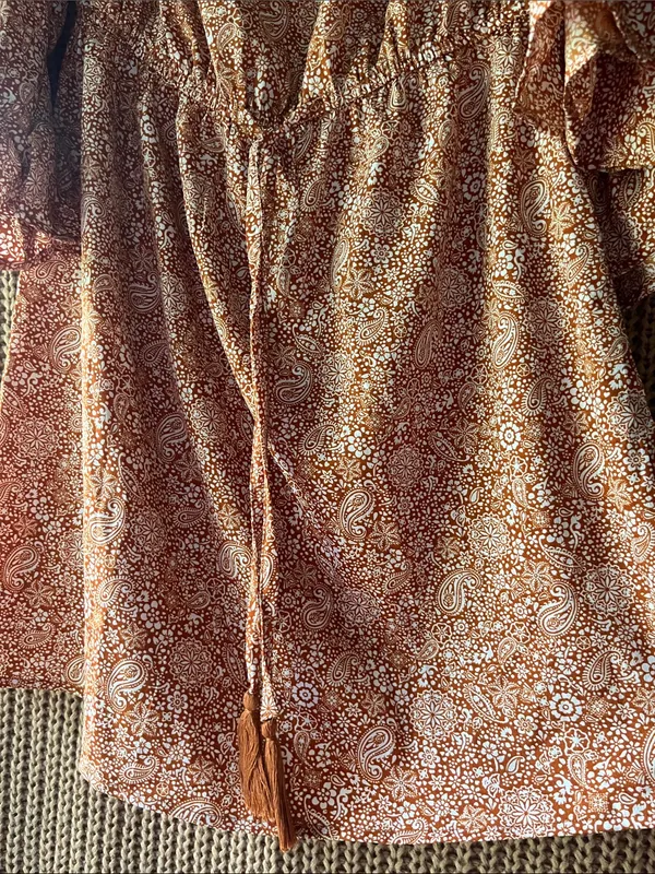 Blush Rust Paisley Off-Shoulder Midi Dress with Tassel Tie - Image 6