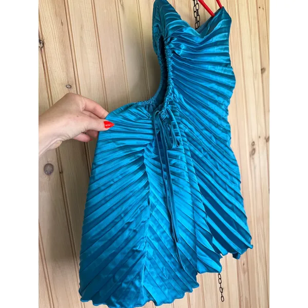 NWT Lulus Constantly Poised Teal Satin Pleated One-Shoulder Mini Dress Party S - Image 4