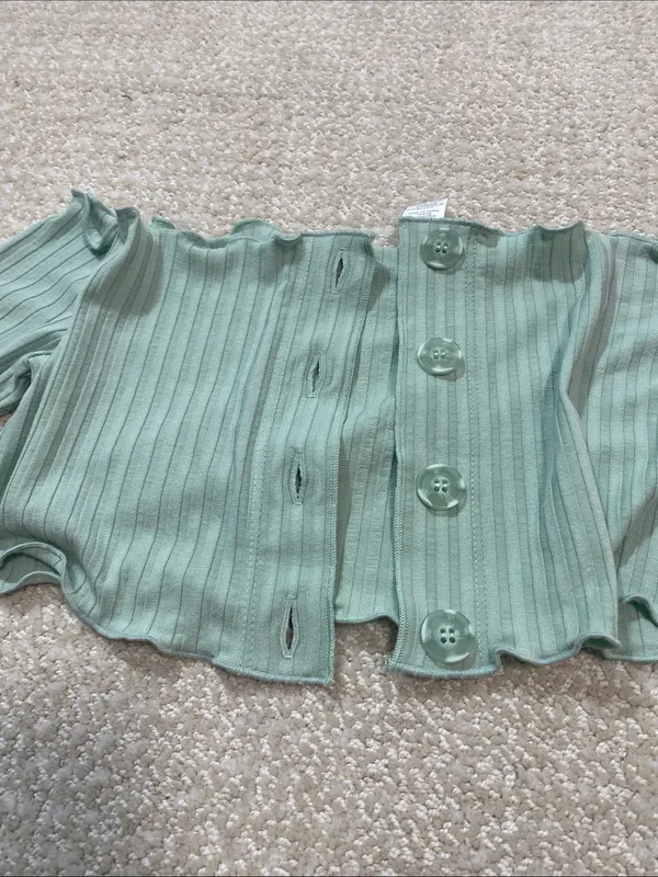 Ribbed Off-Shoulder Button Crop Top in Sage Green Size S Shell 91% Tencel - Image 11