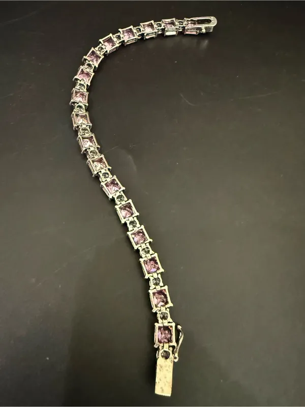 Vintage 925 Sterling Silver Princess Cut Pink CZ & Clear Round Tennis Bracelet - Image 7