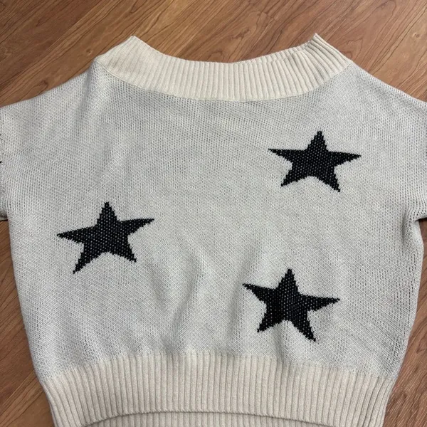 Star Sweater Cream Black Boat Neck Chunky Knit Celestial‎ Casual Cozy XL/2XL - Image 4