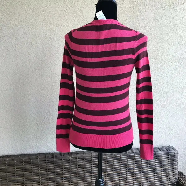 Ann Taylor LOFT Womens Sweater Sz XS Striped‎ Crewneck Cardigan Pink Chocolate - Image 5