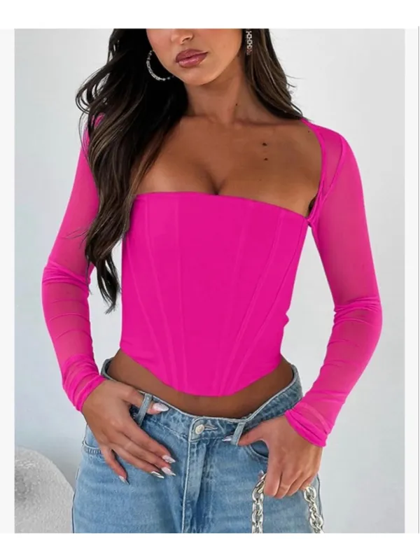 NEW REORIA Mesh Long Sleeve Boned Corset Top Y2K Square Neck M - Image 5