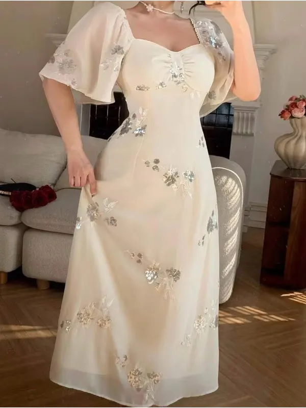 Cream Midi Dress with Silver Sequin Floral Embellishments, Ruffled Hem, Medium. - Image 13