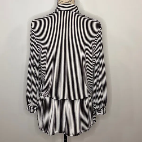 Ann Taylor striped stretch button front top blouse tie neck blouson sleeves S - Image 2