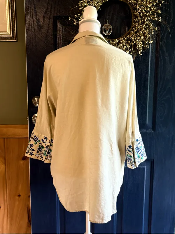 Tuckernuck Tan Floral Cuff Cotton Linen Willow Blouse size XS - Image 7