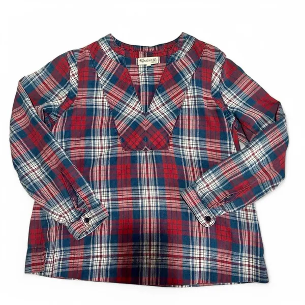 Madewell Red Blue Plaid V-Neck Popover Top Size Small Cottage‎ Cabin Fall - Image 2