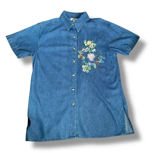 Vintage 90s Embroidered Chambray Denim Shirt Oversized Short Sleeve Heart Floral - Image 6