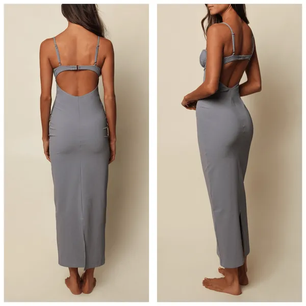 Montce Swim X Olivia Culpo Dark Denim Petal Long Slip Dress Size Medium - Image 14