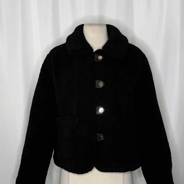 ZARA Black Sherpa Fuzzy Fleece Teddy‎ Coat Faux Shearling Snaps Pockets Small - Image 3