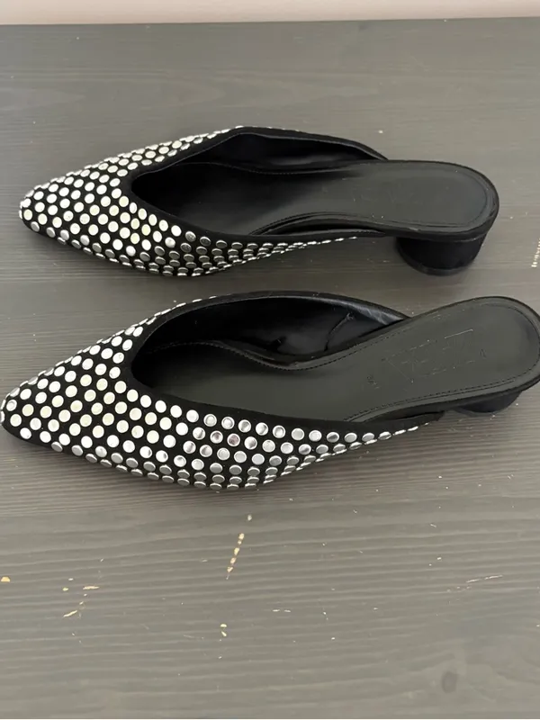 ZARA Black Studded Mules Size 37 Pointed Toe Kitten Heel Slip On Flats Chic - Image 13