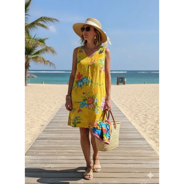 Indian Tropical Fashion Yellow Floral Beaded Sequin Rayon Sundress V-Neck M - Image 15