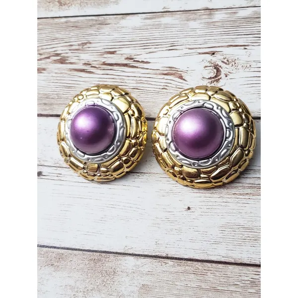 Vintage Clip On Earrings Large Statement Gold Tone, Silver Tone, Metallic Purple - Image 2