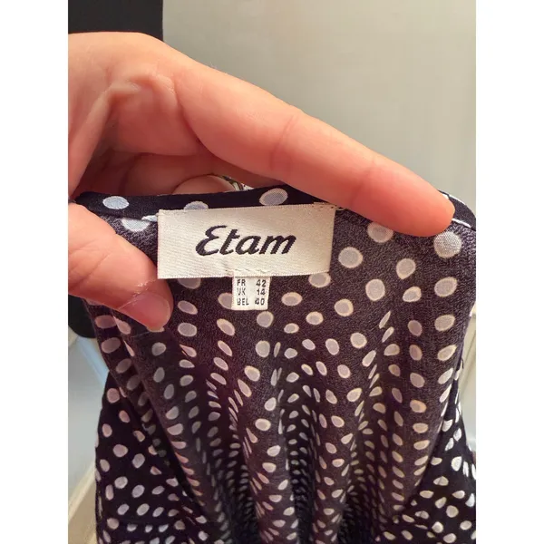 Etam Paris Vintage 90s/00s Milkmaid Polka Dot V-Neck Dress Navy Blue Whimsygoth - Image 7