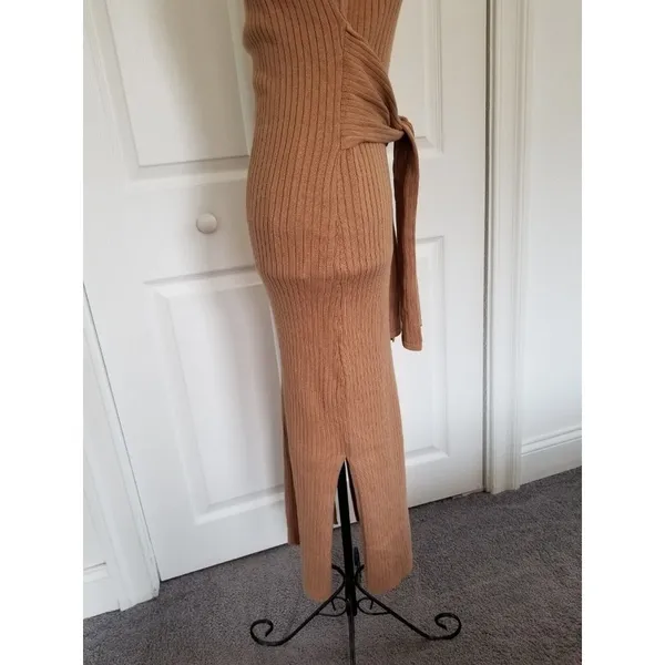 GOOD AMERICAN Sleeveless Rib Knit Tie Waist Midi Dress Taupe Tan Size 2 M - Image 5