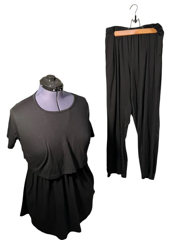 Ekouaer Women’s Sz Large Pajama Set Black Short Sleeve Crewneck Top Pull On Pant - Image 2