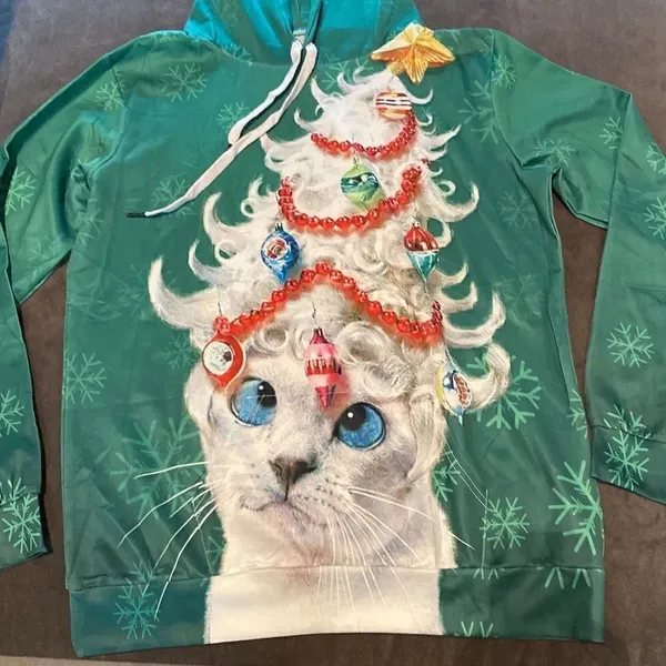 Adult Unisex Christmas Hoodie with Cat & Christmas Tree Size S/M NEW - Image 3