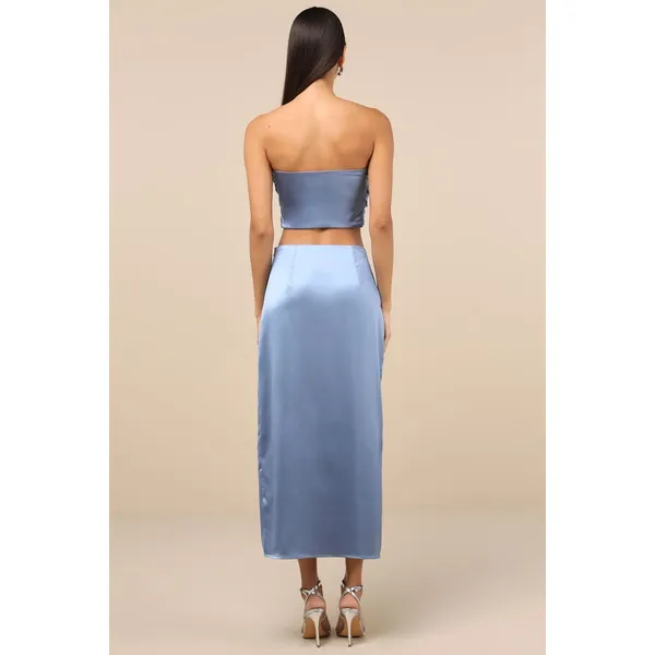 NWT Lulus Demure Sweetie Slate Blue Satin Strapless Two-Piece Midi Dress Sz M - Image 3
