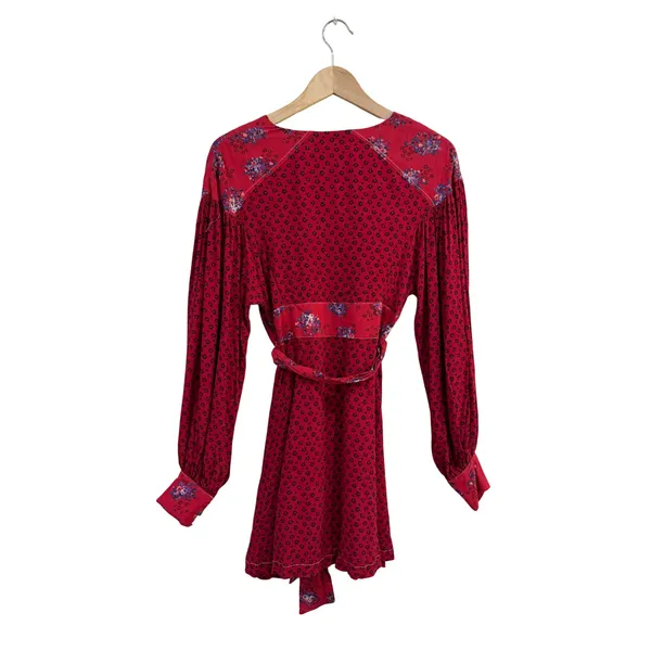 Free People Red Floral Mini Dress Long Sleeve Button Down V-Neck Boho Small - Image 2