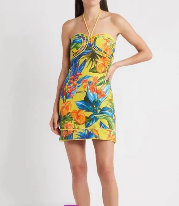 Farm Rio yellow tropical bright nature linen halter dress - Image 4