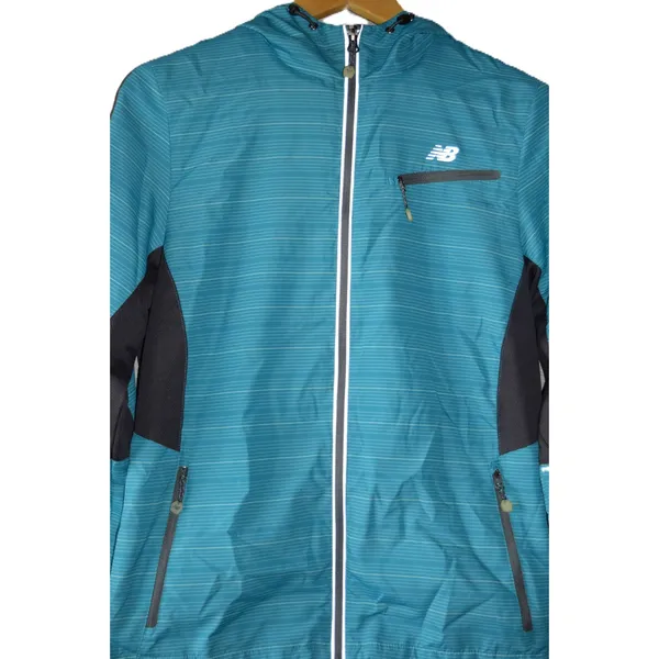 New Balance Windbreaker Jacket Women S Teal Blue Striped Hooded Full Zip Exc - Image 2