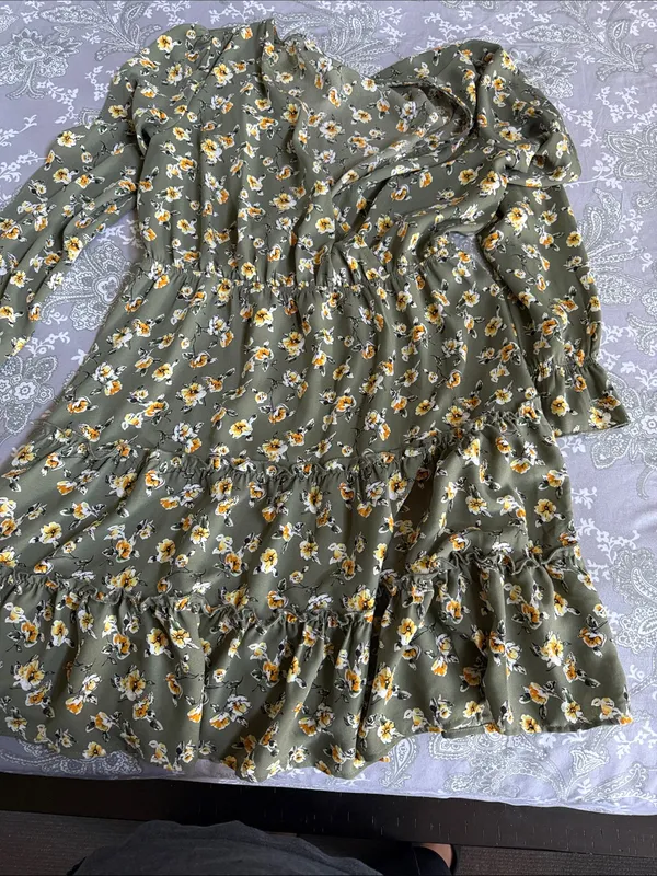Inspired Hearts Olive Green Floral Dress with Yellow Accents - Image 4