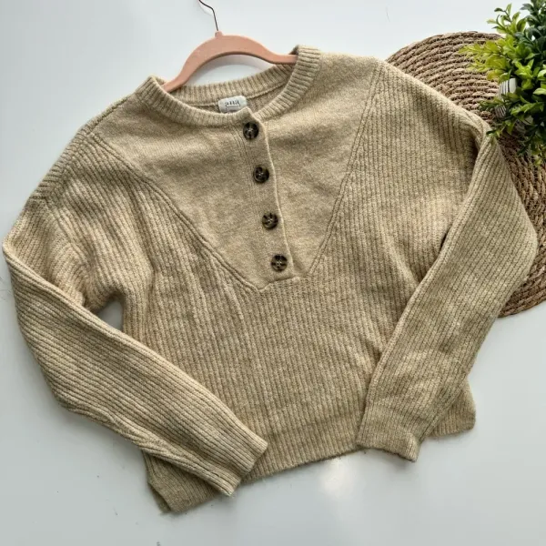 A.N.A Beige‎ Henley Oversized Knit Sweater Size XS - Image 3