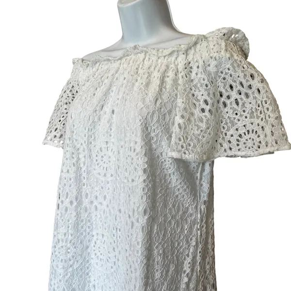 Eyelet Lace Off Shoulder Dress S Ruffle‎ Cottagecore Coastal Grandmother Boho - Image 2