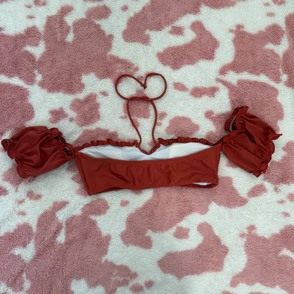Rust Red Puff Sleeve Bikini Top Size S | Padded Bra Cups | Ruffle Trim Swimwear - Image 2