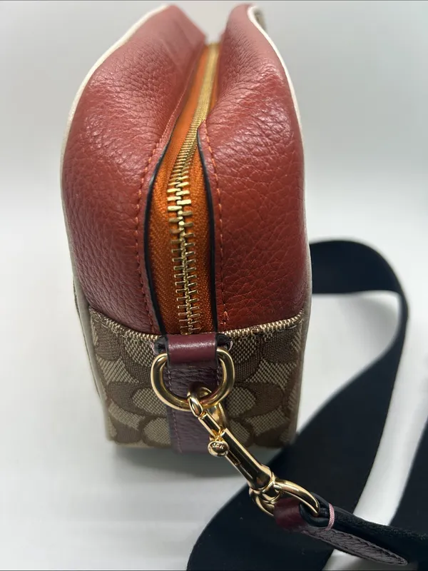 Coach Dempsey Camera Bag Brown Signature Jacquard Orange Logo Patch and Stripes - Image 5