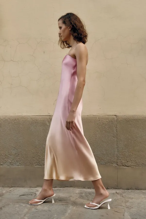 Zara midi dress maxi tie dye pink beige satin strapless wedding shower date - Image 7