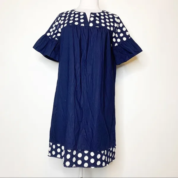 J. Crew Bell Sleeve Fringe Dot Dress blue white‎ sz 10 - Image 5
