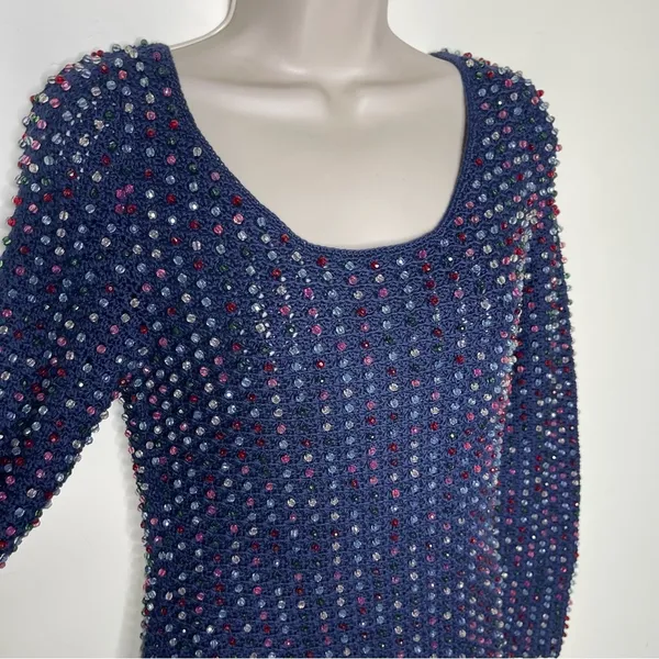 NWT DOEN Solandis Navy Beaded Crochet Long Sleeve Knit Mini Bodycon Dress sz M - Image 10