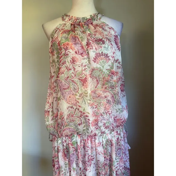MISA Floral Halter Maxi Dress Pink Green XS/S Boho Chiffon flowy romantic whimsi - Image 8