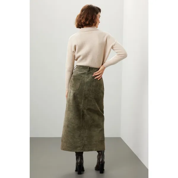 BlankNYC Hunter Green Retro Suede Leather Front Slit Pencil Midi Skirt Size 29 - Image 2