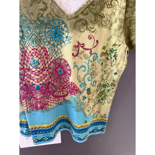 Forbidden Vintage Y2k Fairy Short Sleeve Boho Sequin Top‎ Green Blue Large - Image 2