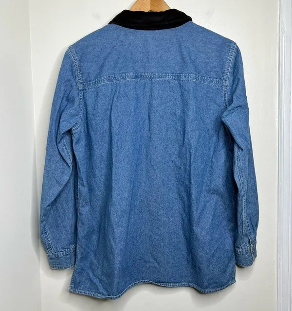 VTG Christmas Holiday Denim Button Down Shirt Embroidered Trees SZ Large STAINED - Image 9