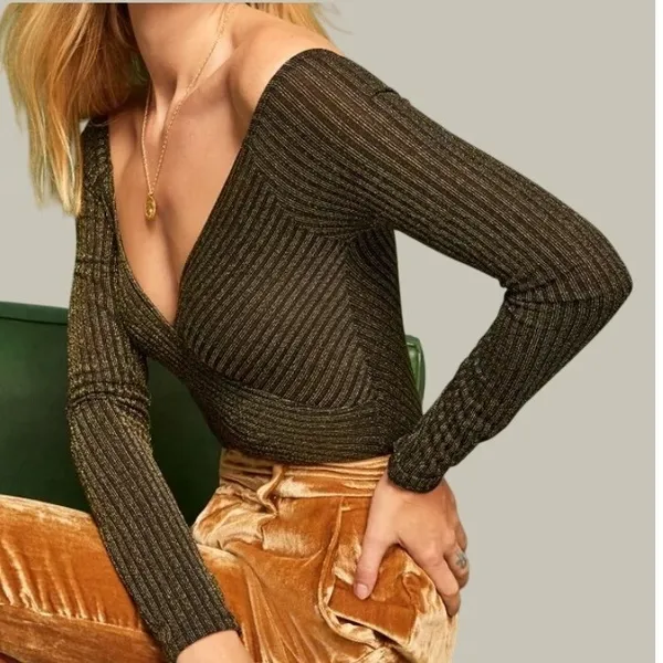 Reformation Gold Metallic Off Shoulder Wrap Crop Top Black Shimmer Long Sleeve S - Image 2
