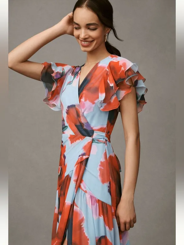 Hutch Zola Maxi Wrap Dress High-Low Floral Blue Red Small Medium - Image 3