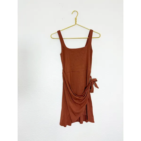 Aritzia Wilfred Saturn Mini Dress Size XS Brown Wrap Stretch Preppy Minimalist - Image 4