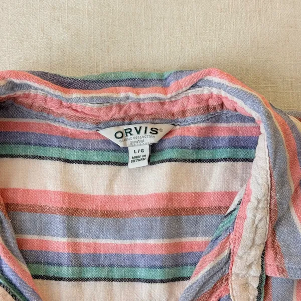 Orvis Linen Blend Shirt L Pastel Stripe Coastal Grandmother Cap Sleeve - Image 9