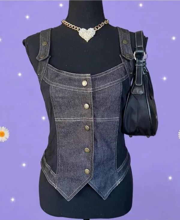 Vintage Y2K Jacqueline Riu Dark Academia Denim Corset Waistcoat Size Medium 💙 - Image 2
