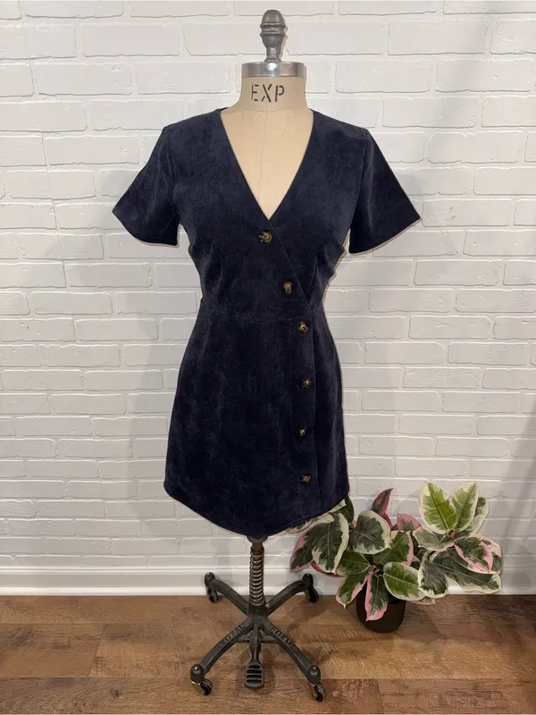 Everly Corduroy Women's Navy Short-Sleeve Button-Front Faux Wrap Dress - Image 2
