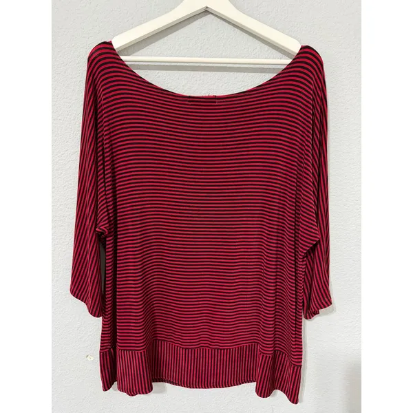 Made in Heaven Top L Red Black Striped Scoop Neck 3/4 Dolman‎ Sleeve Oversized - Image 2