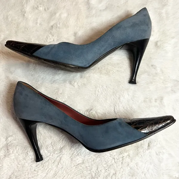 Sergio Rossi Pointed Toe Heals Blue Suede & Embossed Brown Leather Size 37 US 7 - Image 7