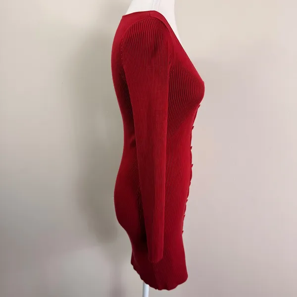 Abercrombie & Fitch Red Ribbed Knit Button Front V-Neck Stretchy Mini Dress Sml - Image 3