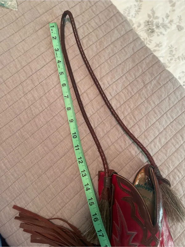 Red Leather Fringe Crossbody Mini Bag with Brown Trim - Image 7