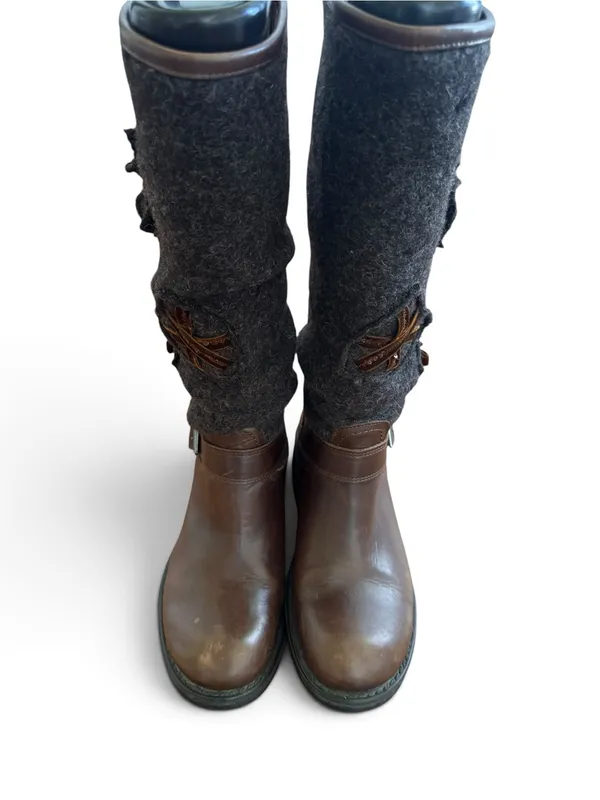 Bronx Vinyage Womans Two-Tone Brown Leather and Charcoal Felt Embellished Boots - Image 4